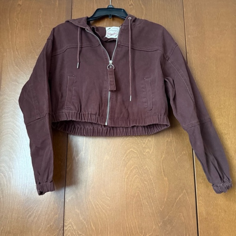 Stoosh Vintage Denim EUC Sz M Crooped Coffee Bean Brown Zip-Up Hooded Jacket